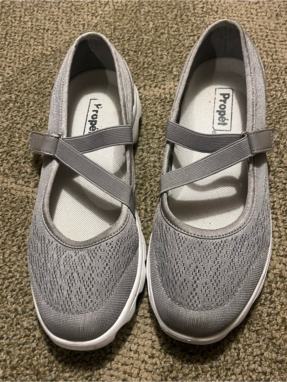 Propet Gray Knit Mary Jane Cross-Strap Walking Flats